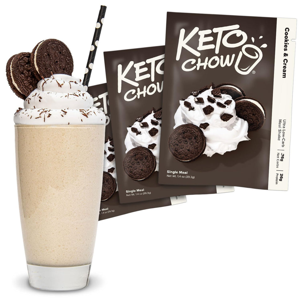 Keto Chow Cookies & Cream tub front — convenient keto meal replacement for busy days.