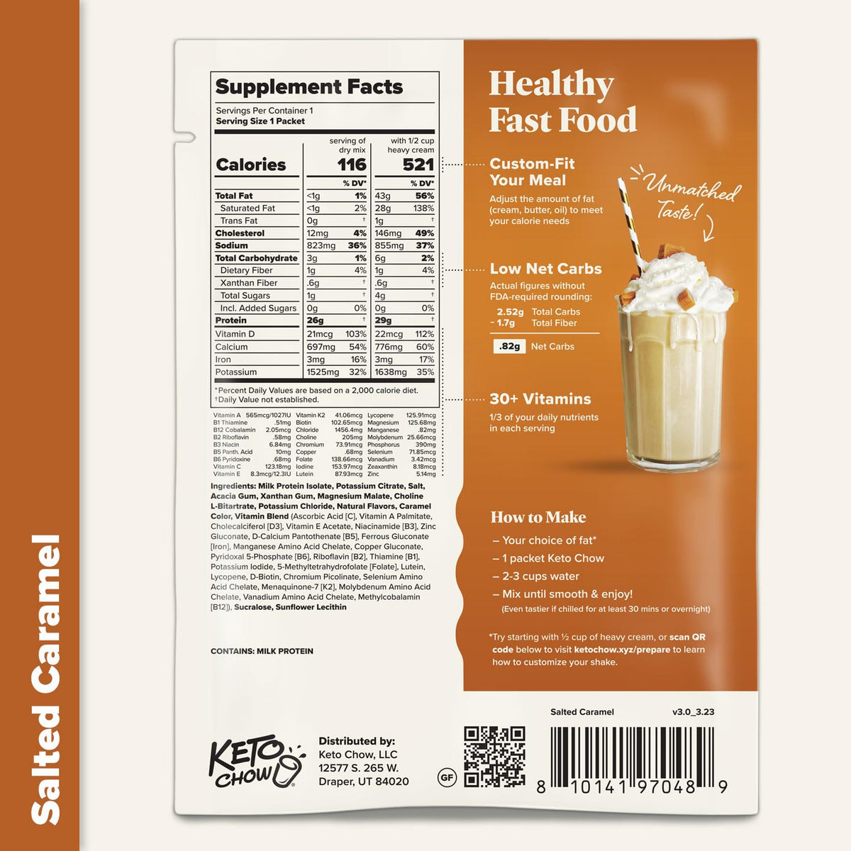 Keto Chow Salted Caramel packaging indicates single meal and 3-pack options