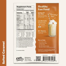 Keto Chow Salted Caramel packaging indicates single meal and 3-pack options