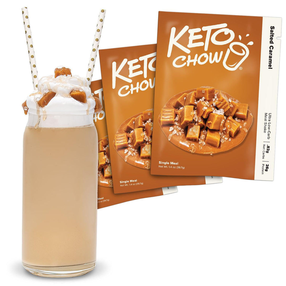 Keto Chow Salted Caramel powder can for quick keto meal prep