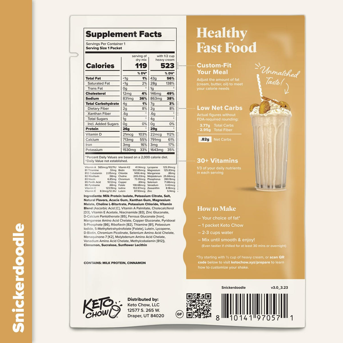 Nutrition label close-up on Keto Chow Snickerdoodle packaging.