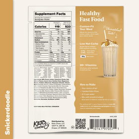 Nutrition label close-up on Keto Chow Snickerdoodle packaging.