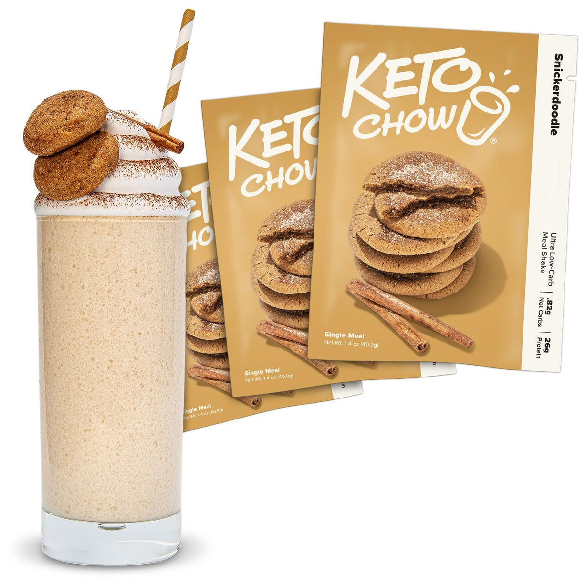 Keto Chow Snickerdoodle tub on a shelf, a convenient keto meal option.
