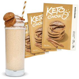 Keto Chow Snickerdoodle tub on a shelf, a convenient keto meal option.