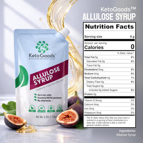 Keto Goods Allulose syrup being poured, demonstrating sugar-free flavor without carbs