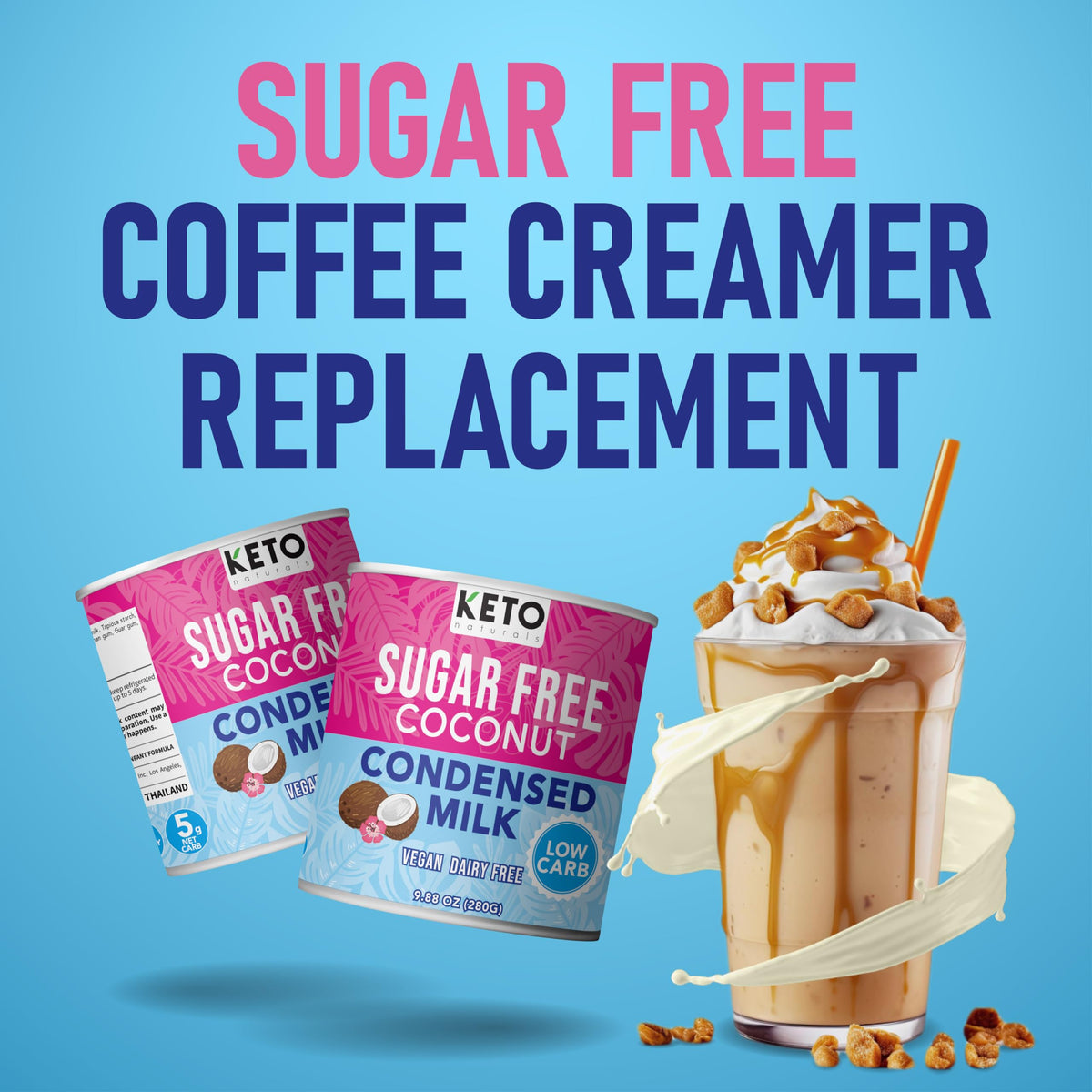 Keto Naturals creamy vegan coconut condensed milk pour for coffee and desserts.