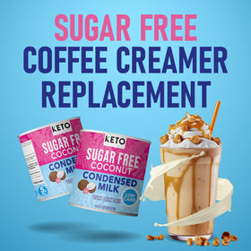 Keto Naturals creamy vegan coconut condensed milk pour for coffee and desserts.