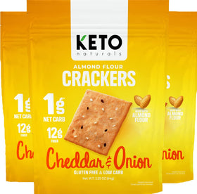 Keto Naturals cheddar-onion crackers pack shows a convenient low-carb snack option.