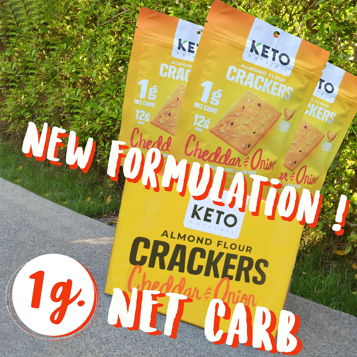 Keto Naturals cheddar-onion crackers side view ready for Keto snacking.