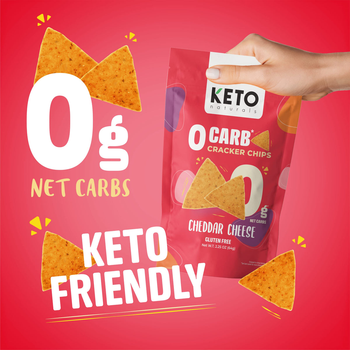Keto Naturals cheddar keto crackers, three-pack pack shot, ideal for on-the-go snacking.