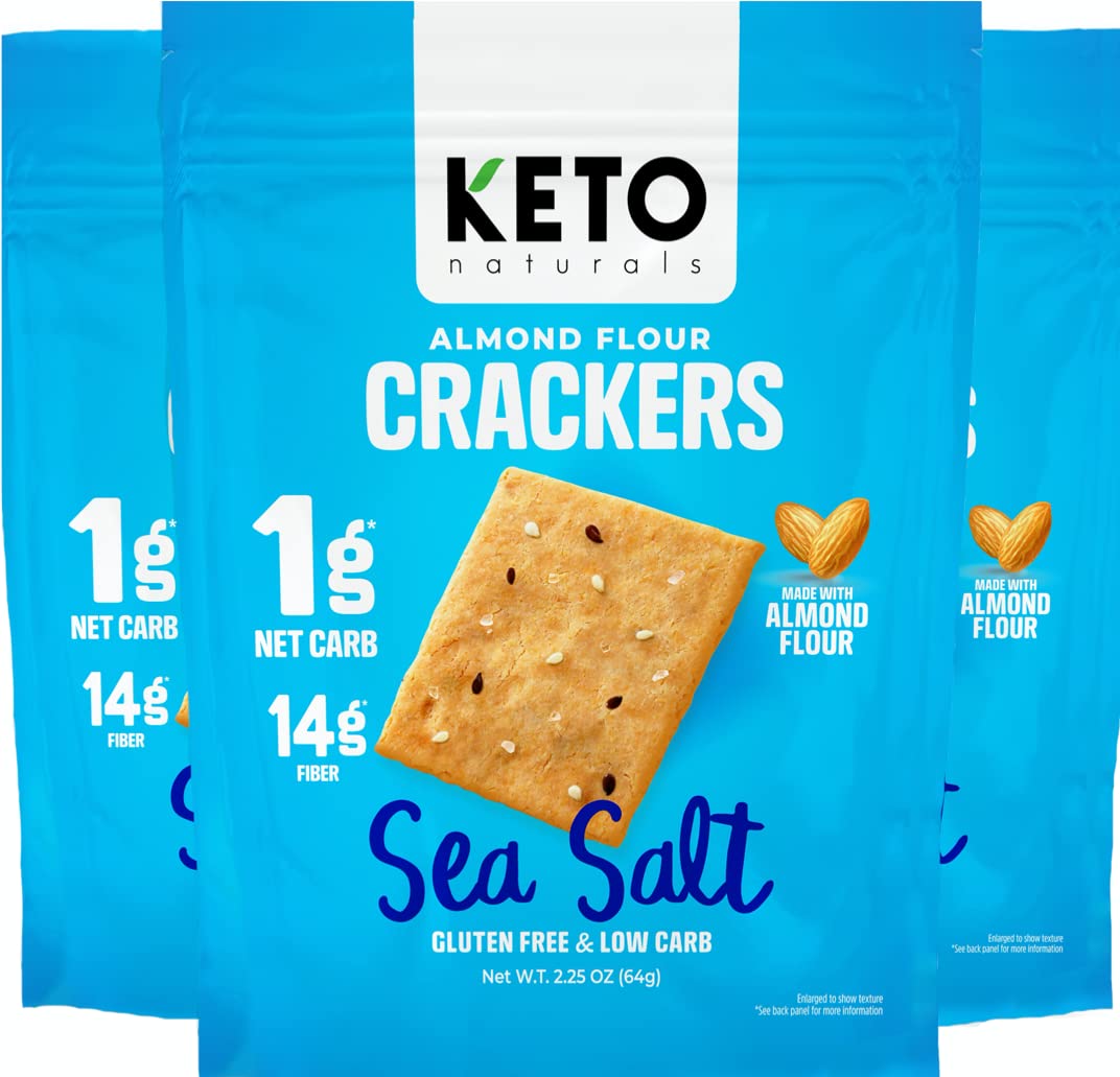 Keto Naturals sea salt crackers front label, ideal keto snack option.