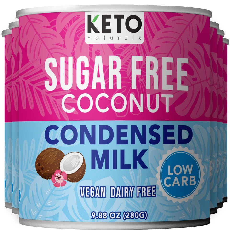 Keto Naturals sugar-free coconut condensed milk 6-pack bottle for keto desserts.