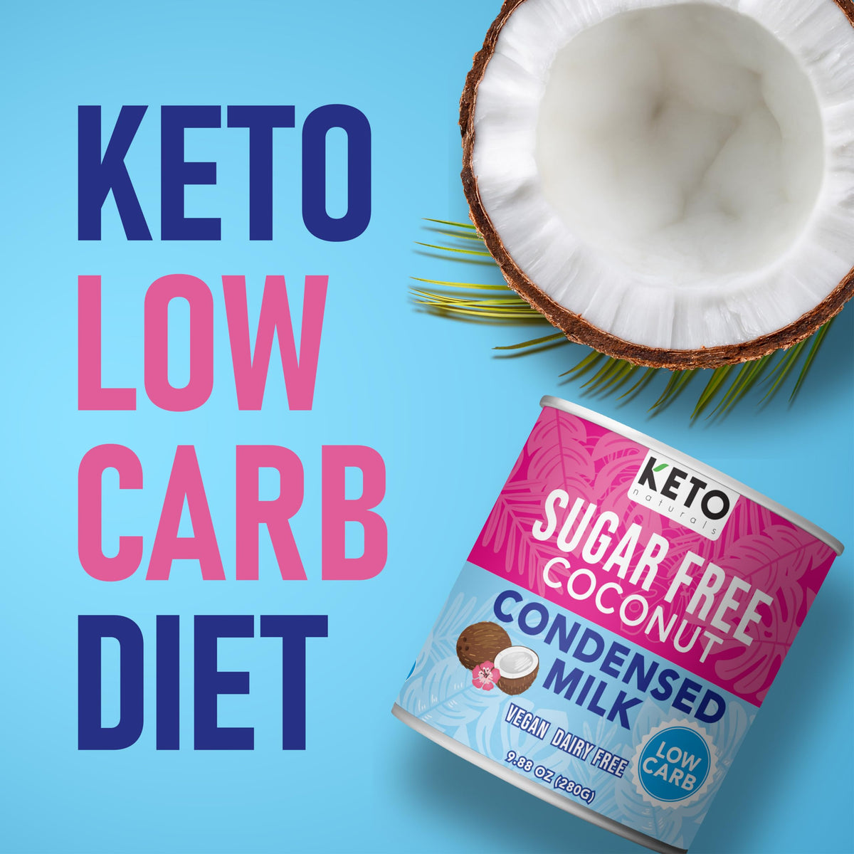 Keto Naturals sugar-free coconut condensed milk used in kitchen recipes for dairy-free treats.