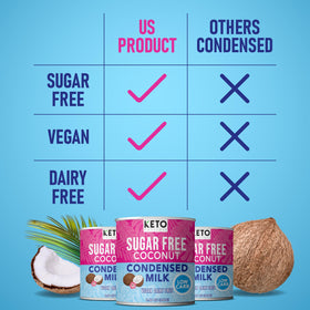 Keto Naturals vegan lactose-free coconut condensed milk packaging label highlighting vegan option.