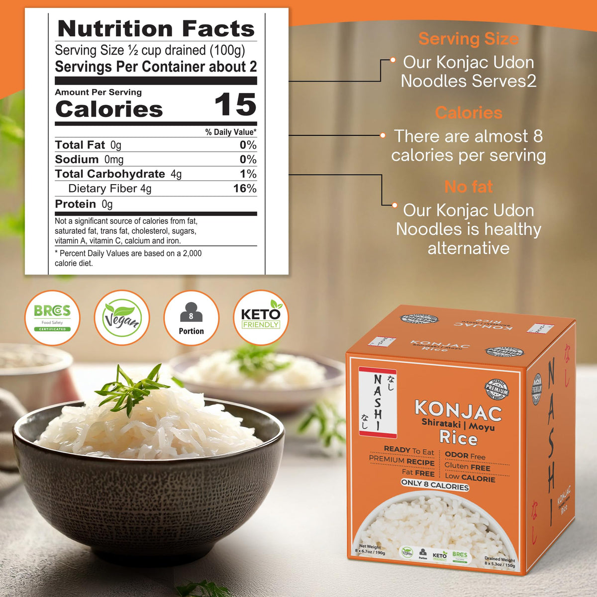 Nutrition label for Keto Skinny Nashi Shirataki Konjac Rice highlighting low carbs.