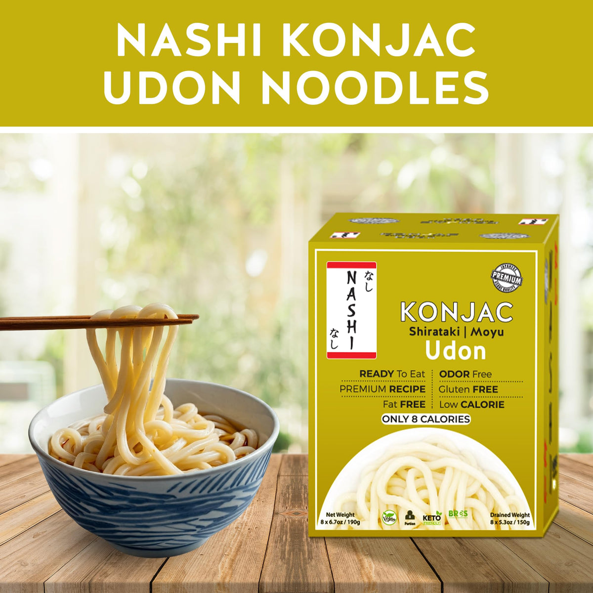 KETO SKINNY Nashi Shirataki Udon Noodles gluten-free vegan label, suitable for sensitive diets.