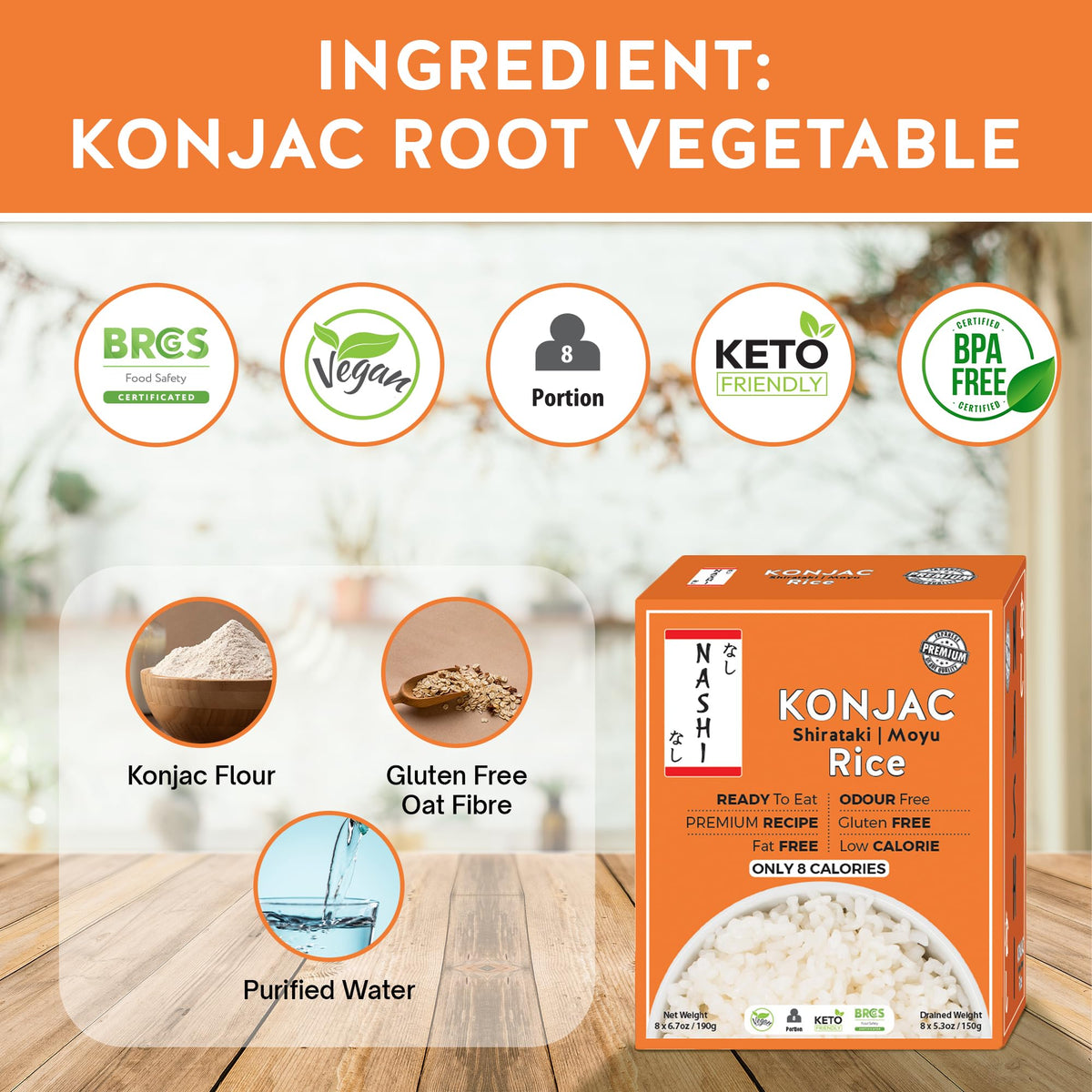 Odour-free Keto Skinny Konjac Rice pack emphasizing clean, convenient cooking.