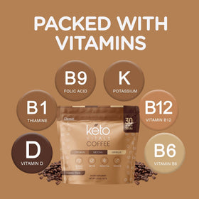 Keto Vitals coffee powder being poured with MCT oil for creamy texture.