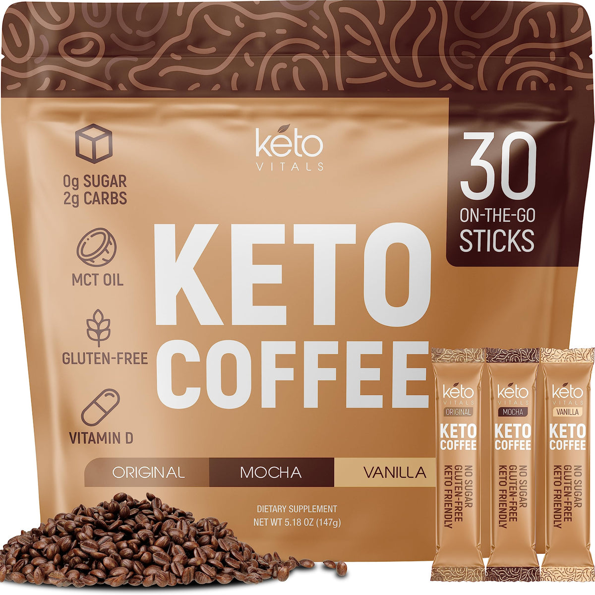 Keto Vitals instant keto coffee packaging shows low-carb and no artificial sweeteners.
