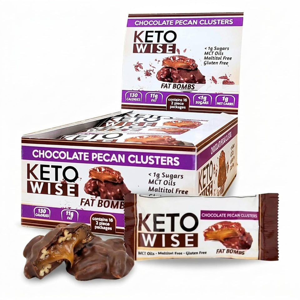 Keto Wise Fat Bombs pack shot showing 16 chocolate pecan clusters for keto on the go