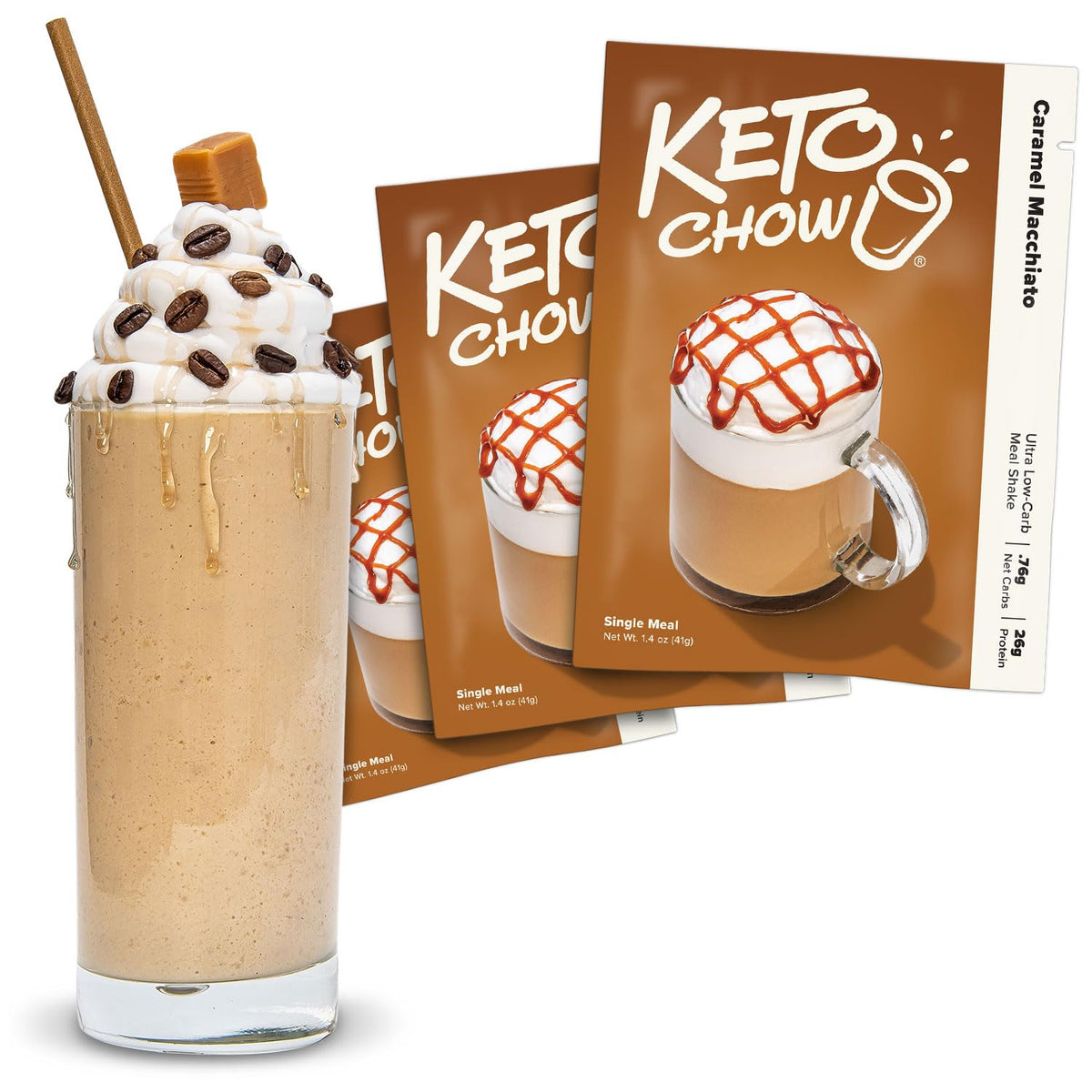 Keto Chow Caramel Macchiato powder bag for quick keto meals.