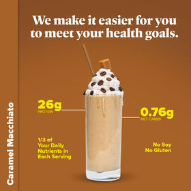 Keto Chow Caramel Macchiato shake in cup ready for meal replacement.
