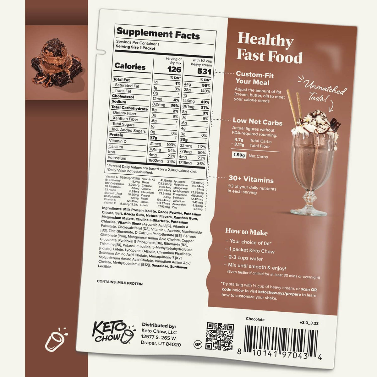 Keto Chow Chocolate bag showing nutrition facts for daily nutrition goals
