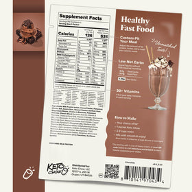 Keto Chow Chocolate bag showing nutrition facts for daily nutrition goals