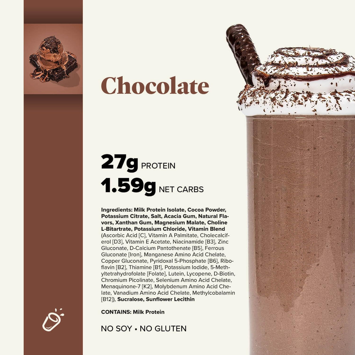 Keto Chow Chocolate meal shake being poured into a glass for a high-protein keto shake