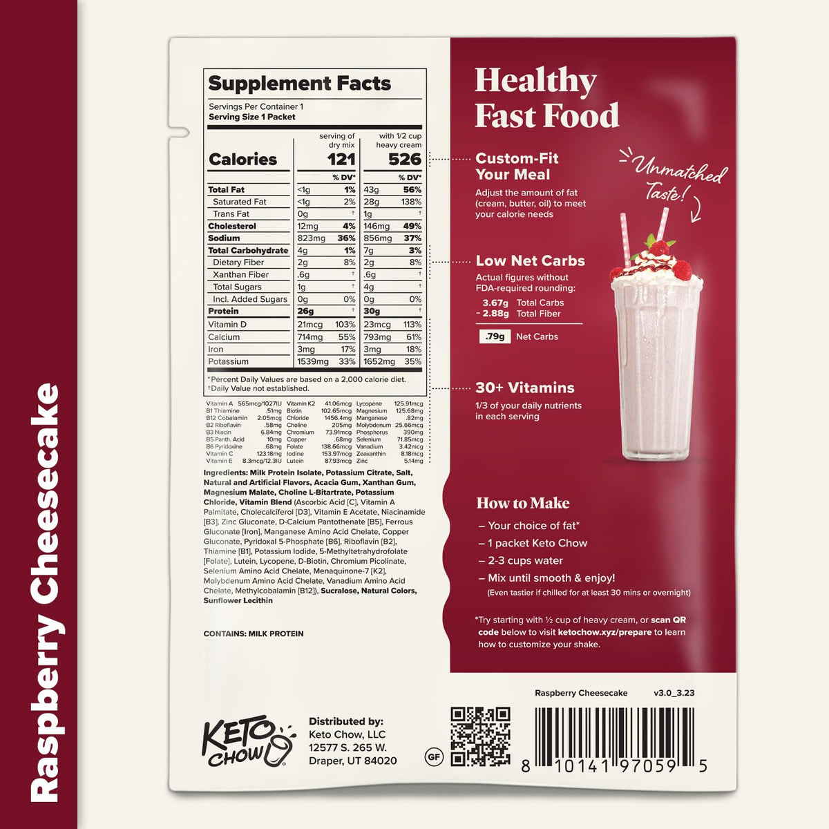 Keto Chow Raspberry Cheesecake nutrition panel highlighting macros