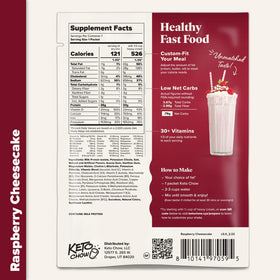 Keto Chow Raspberry Cheesecake nutrition panel highlighting macros