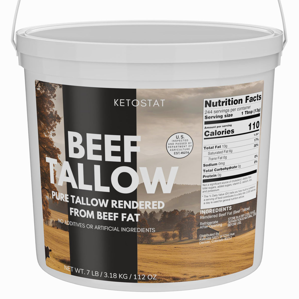 Ketostat American Beef Tallow 7lb pail front view, ready for cooking and skincare prep