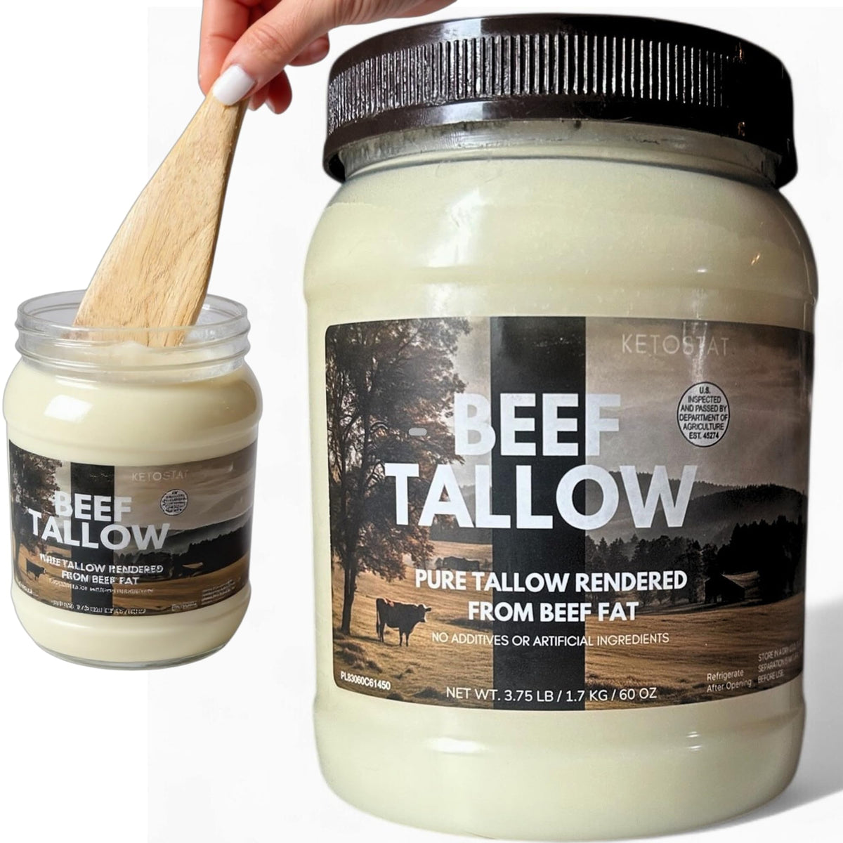 Ketostat Beef Tallow tub front view for cooking and flavor base.