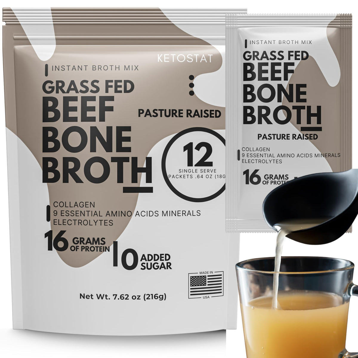 Ketostat bone broth protein packet showing 16g serving and savory aroma