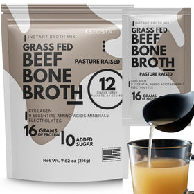 Ketostat bone broth protein packet showing 16g serving and savory aroma