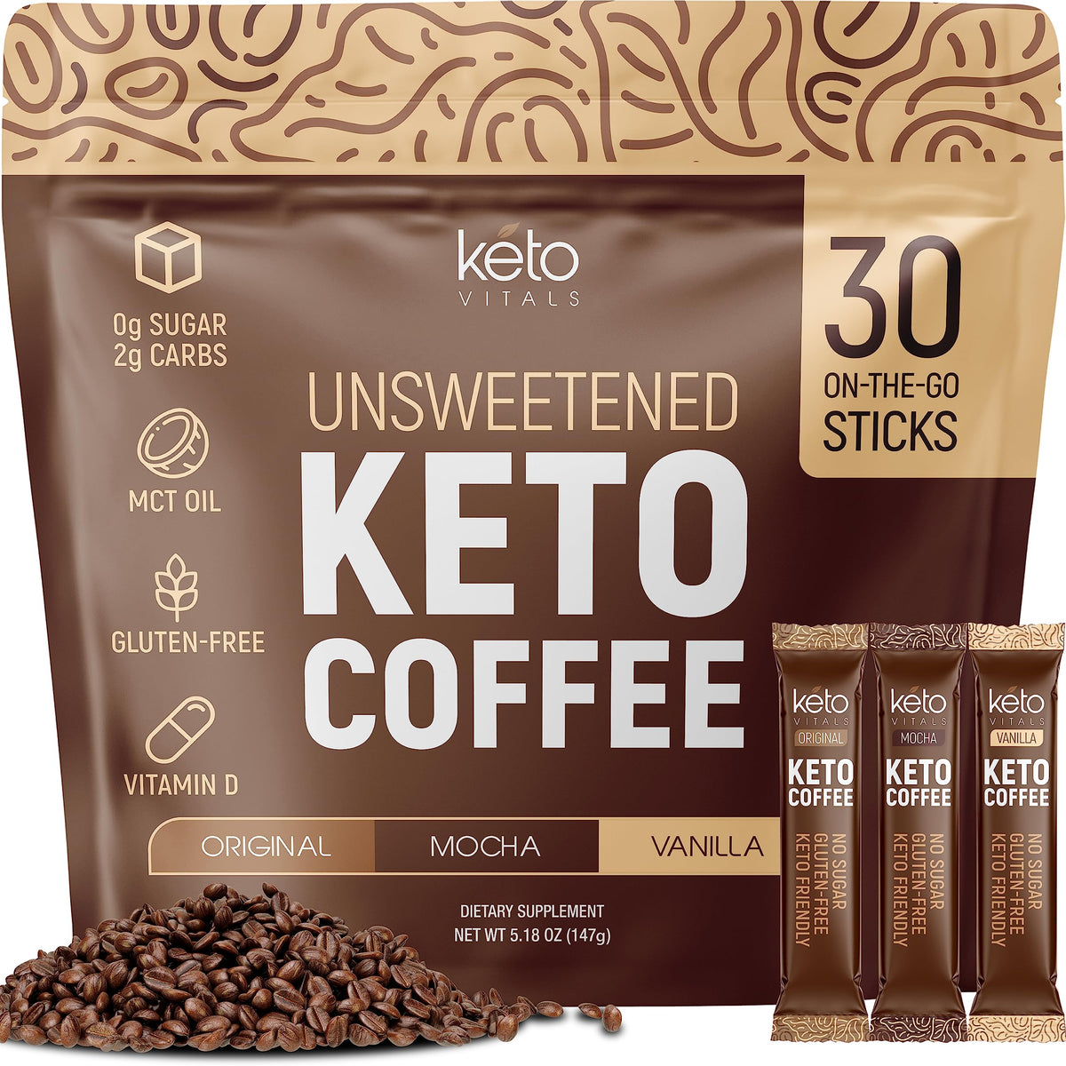Keto Vitals Original instant coffee pack ready to brew for a quick energy lift
