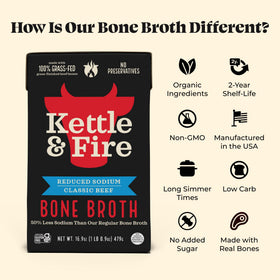 Kettle & Fire 17g protein bone broth bottle showcasing protein-rich broth