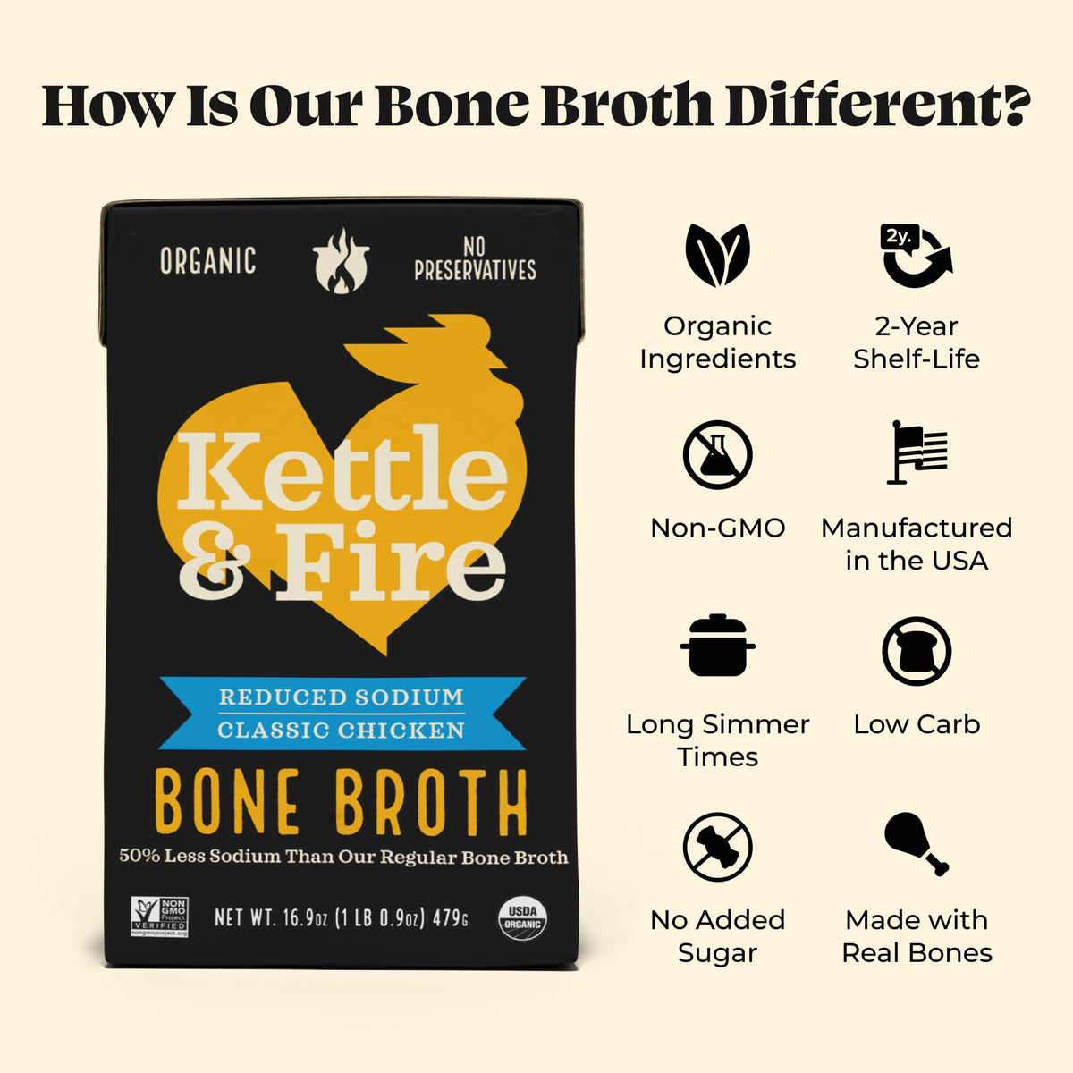 Kettle & Fire broth in a steaming bowl, inviting savory aroma.