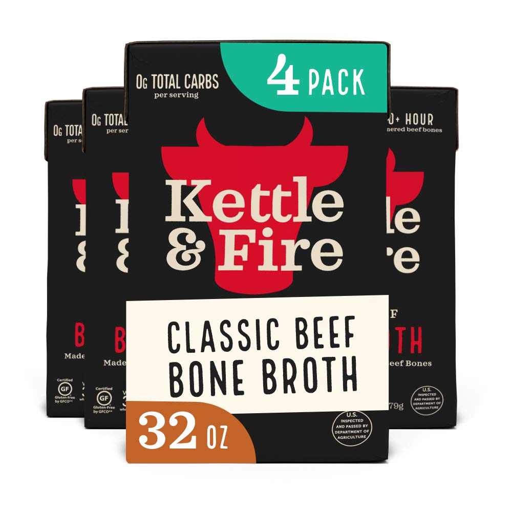Kettle &amp; Fire Classic Beef Bone Broth bottle pour for keto-friendly meals