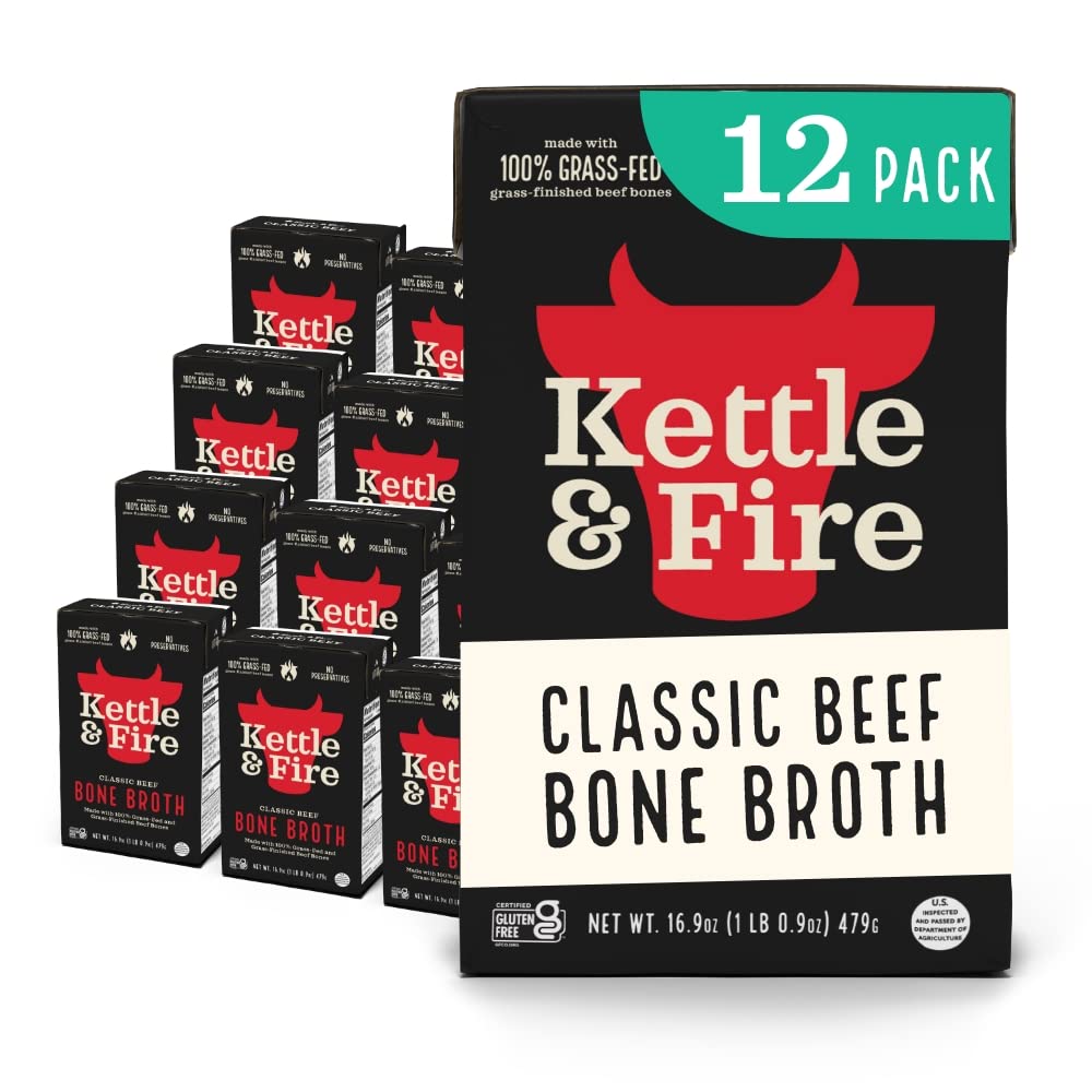 Kettle & Fire Classic Beef Bone Broth bottle shows rich color and protein-rich flavor