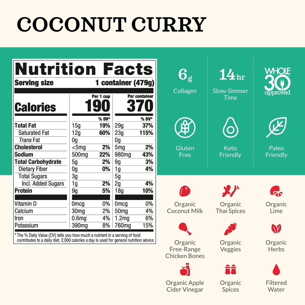 Kettle & Fire broth cup served, showcasing keto-friendly, savory coconut curry lime notes.