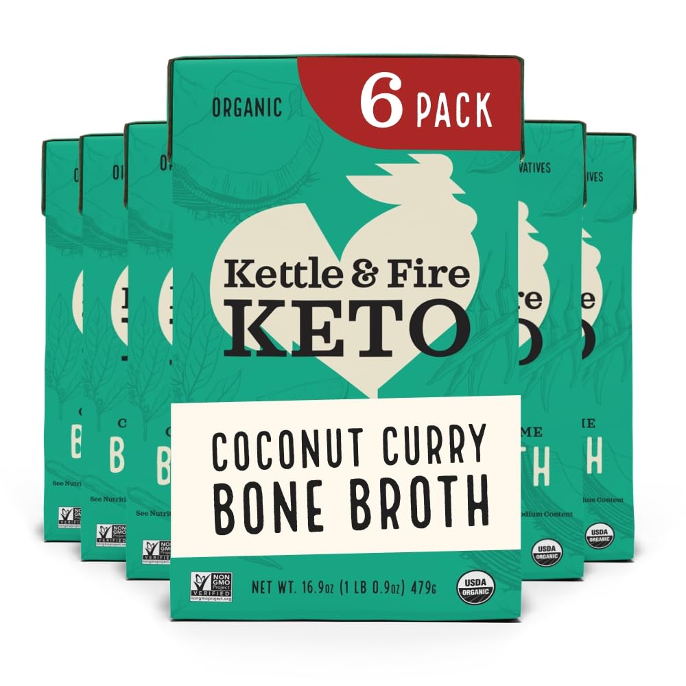 Kettle & Fire Coconut Curry Lime bone broth bottle pouring, protein-rich and gluten-free attributes.