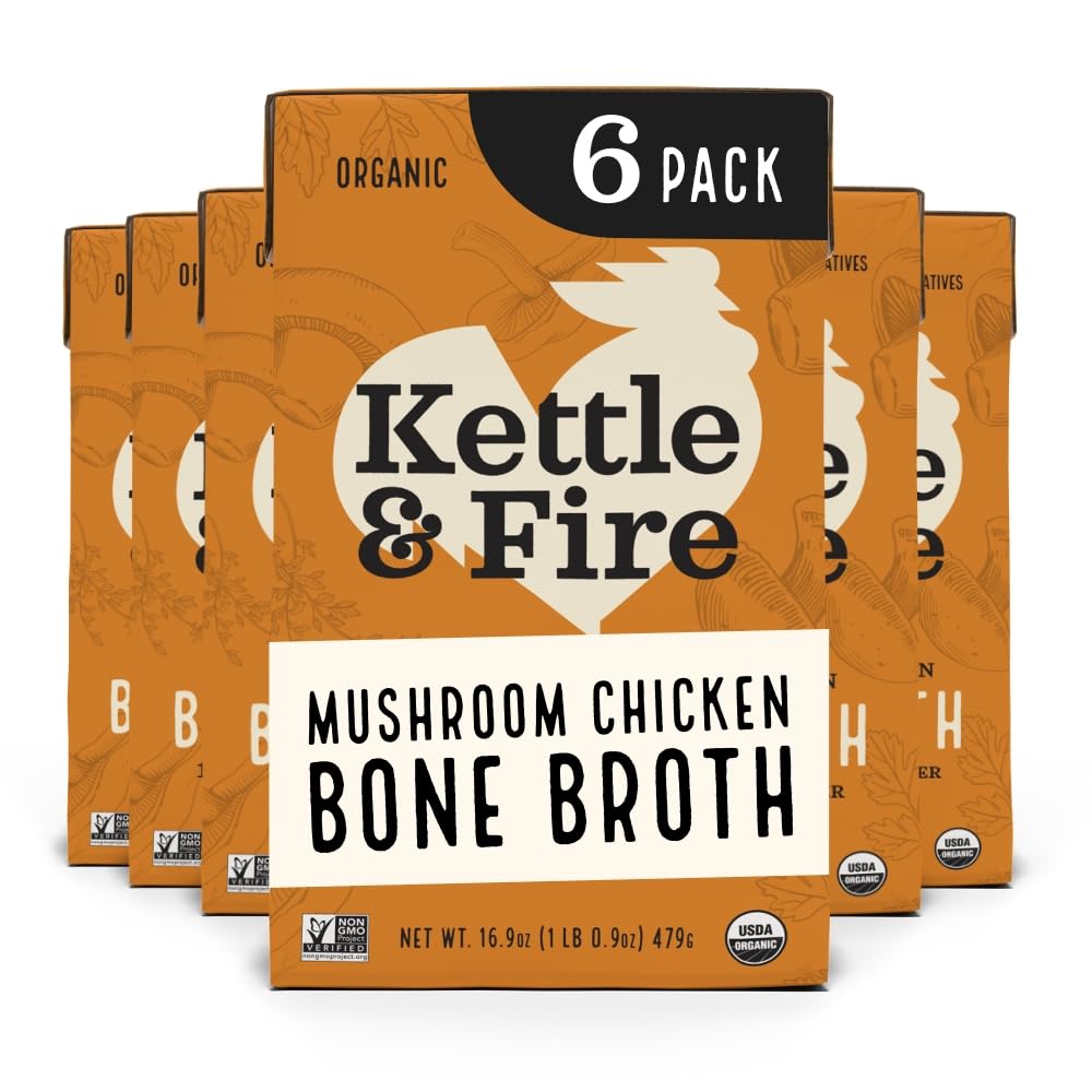Kettle & Fire mushroom chicken bone broth bottle highlights 19g protein per serving.