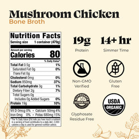 Kettle & Fire mushroom chicken bone broth serving cup emphasizes collagen-rich nutrition.