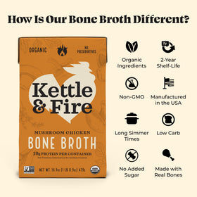 Kettle & Fire broth with organic vegetables close-up highlights wholesome ingredients.
