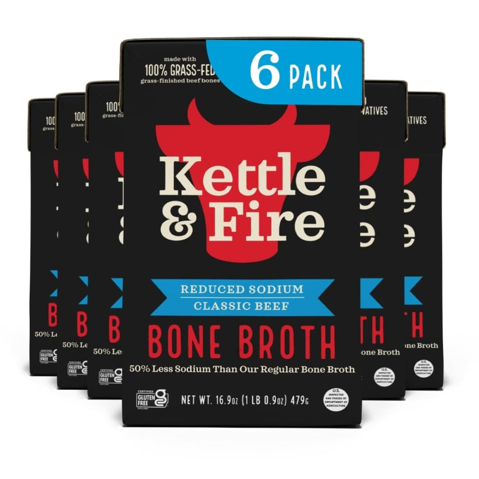 Kettle & Fire reduce-sodium beef broth carton front showing a low-sodium option for cooking