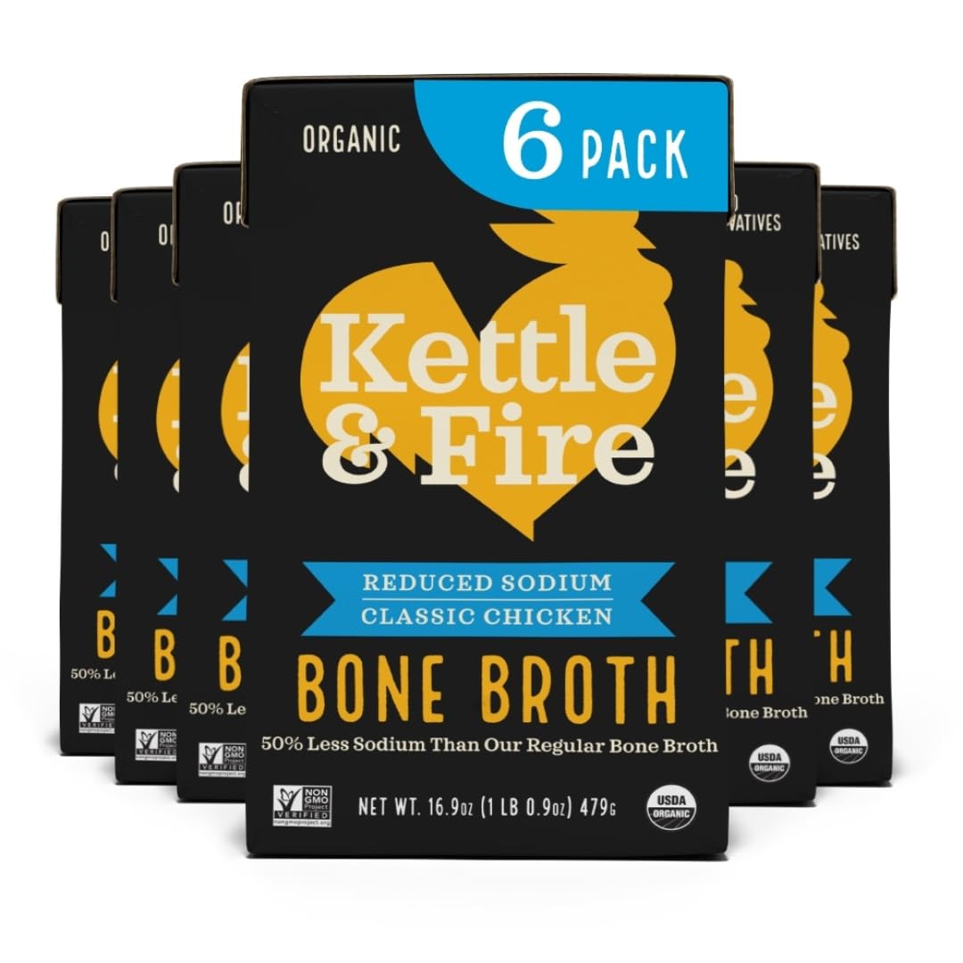 Kettle & Fire Reduce Sodium Chicken Bone Broth 6-pack bottles, convenient protein-rich base for meals.