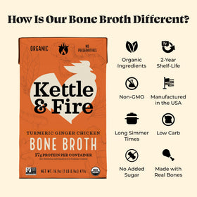 Kettle and Fire turmeric ginger chicken broth ingredients close-up, highlighting organic vegetables for rich flavor.