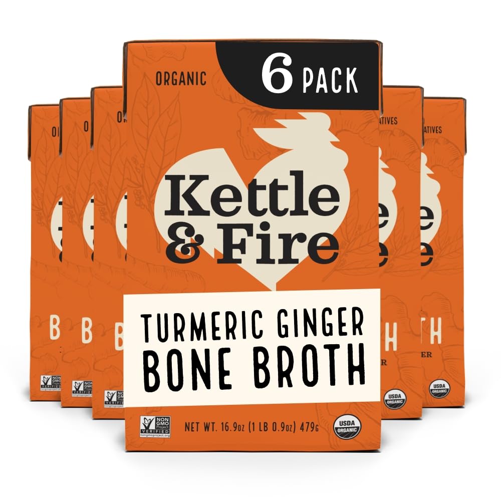 Kettle and Fire turmeric ginger chicken broth pour, a flavorful protein boost for meals.