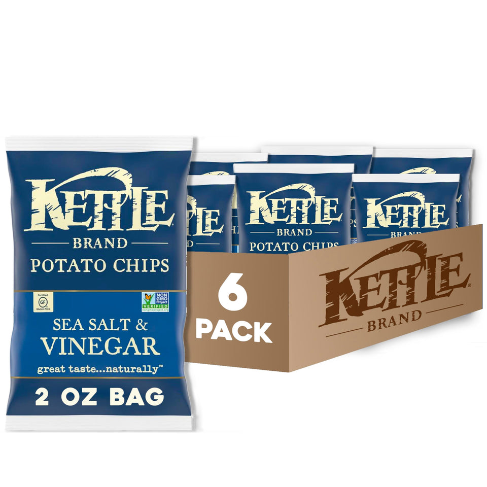 Kettle Brand Salt & Vinegar chips bag with crisp kettle texture and bold flavor.
